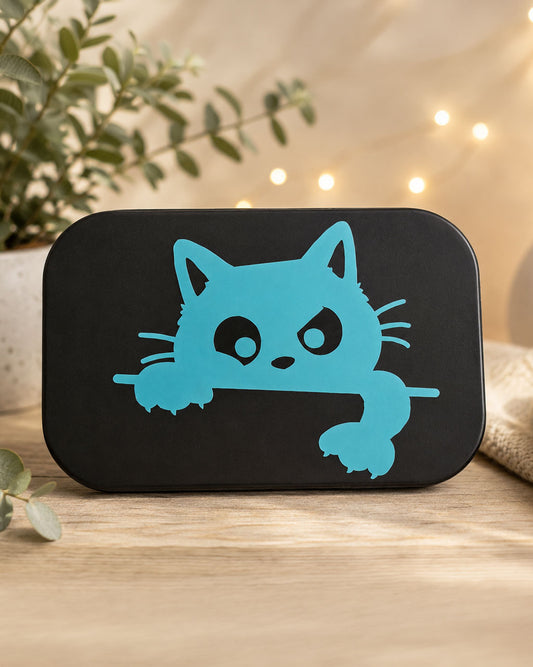 boite metallique noire chat turquoise